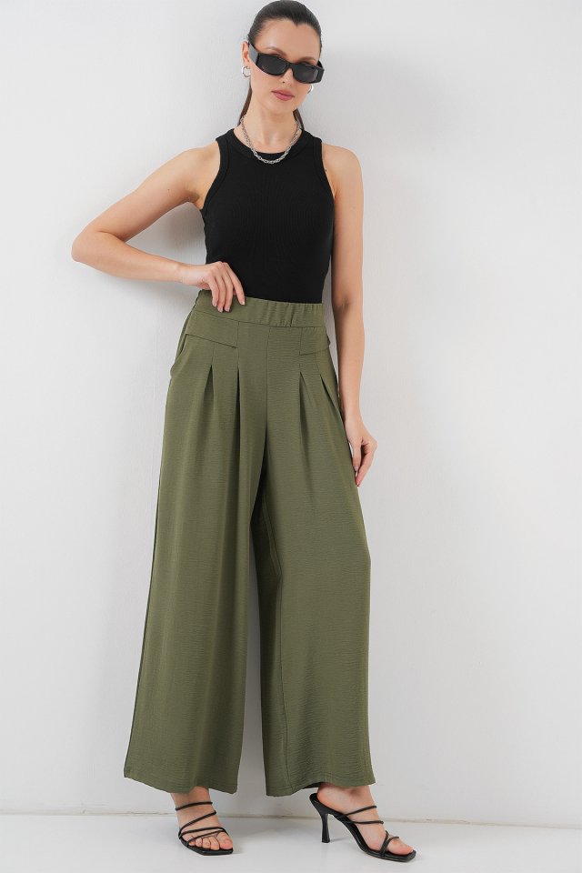 Geniş Paça Pileli Pantolon 6718 - Haki