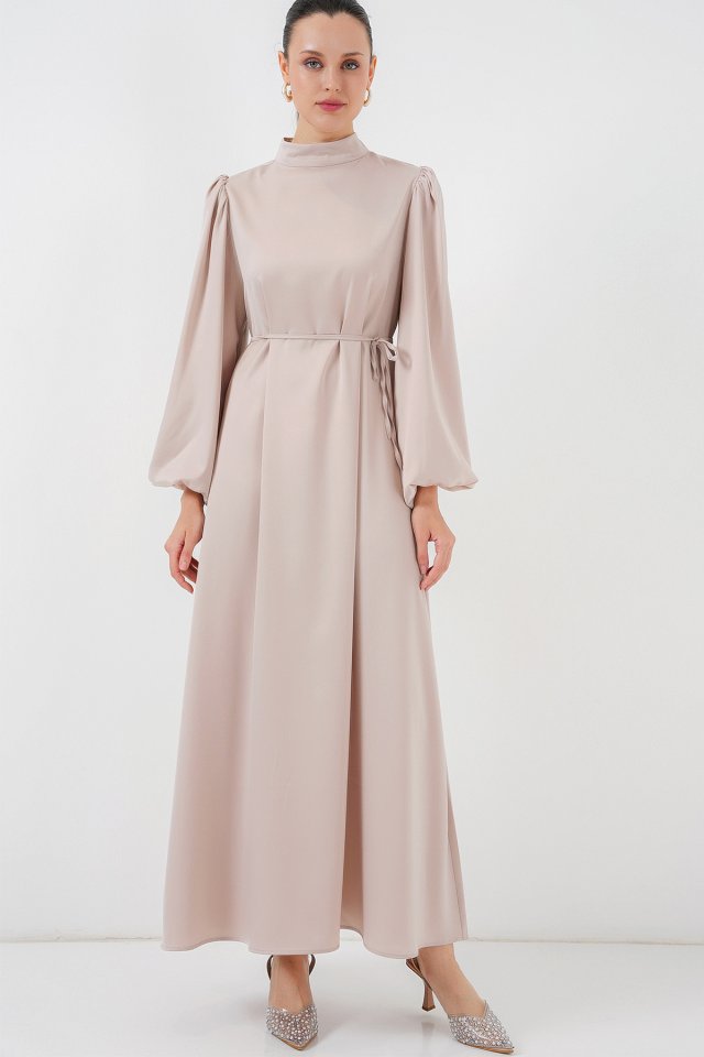 2510 Saten Tesettür Abiye Elbise - M. Krem