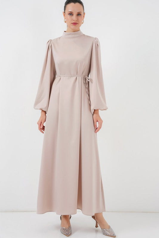 2510 Saten Tesettür Abiye Elbise - M. Krem