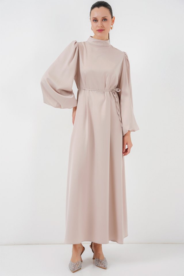 2510 Saten Tesettür Abiye Elbise - M. Krem