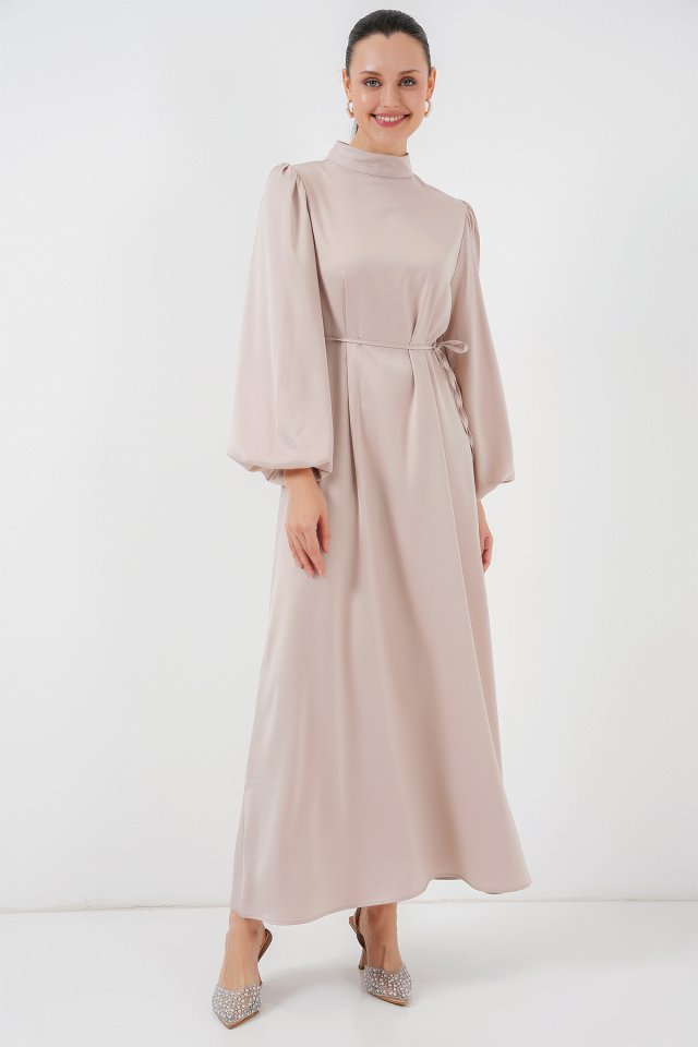 2510 Saten Tesettür Abiye Elbise - M. Krem