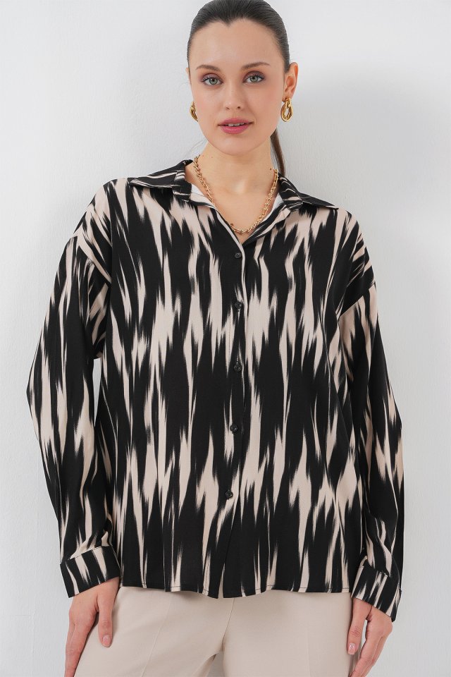 Desenli Oversize Gömlek 20301 - Siyah