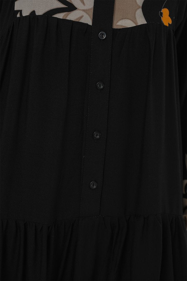 2423 Otantik Desenli Tesettür Elbise - Siyah 6