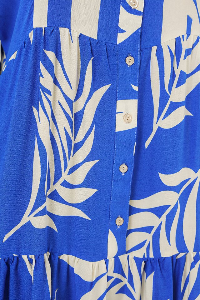 2423 Otantik Desenli Tesettür Elbise - Saks 3