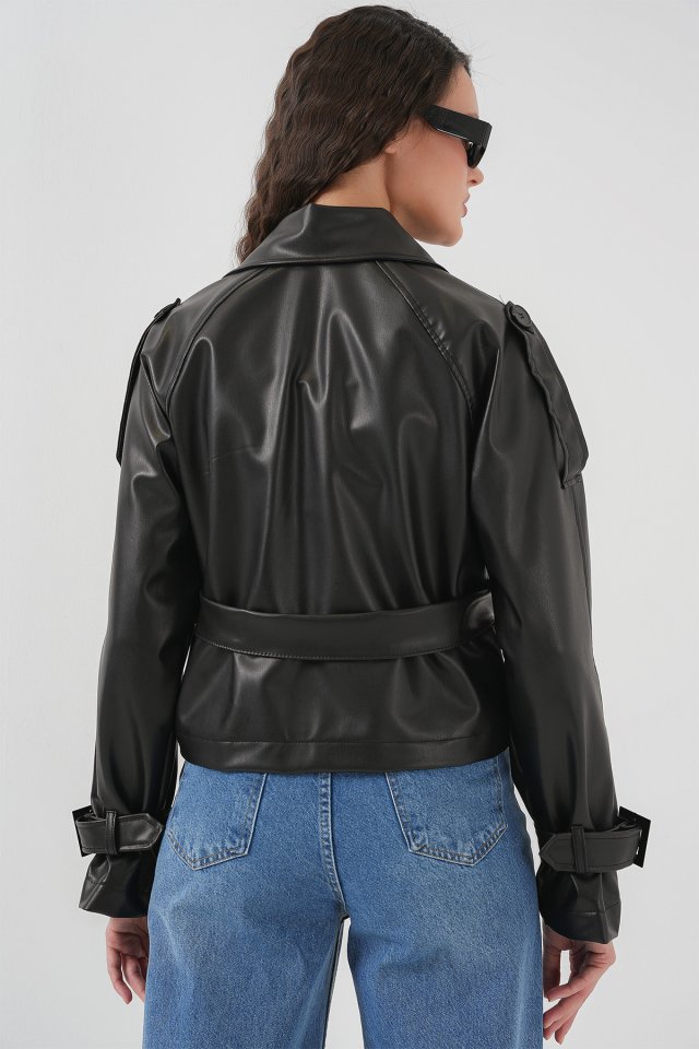 Kemerli Siyah Suni Deri Ceket 0698