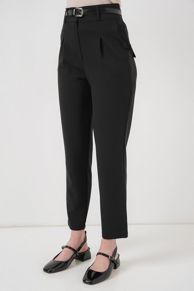 Pileli Kemerli Kumaş Pantolon 6725 - Siyah