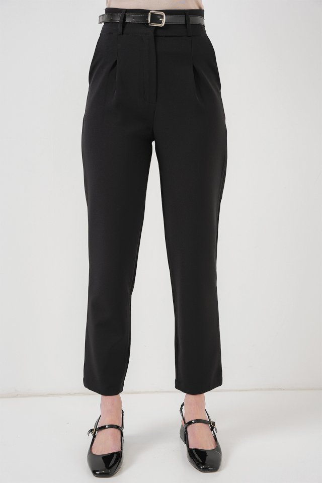 Pileli Kemerli Kumaş Pantolon 6725 - Siyah