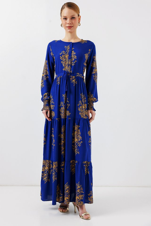 2145 Desenli Tesettür Elbise - Saks