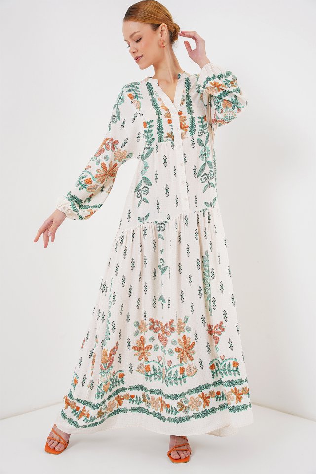 2423 Otantik Desenli Tesettür Elbise - Yeşil 10