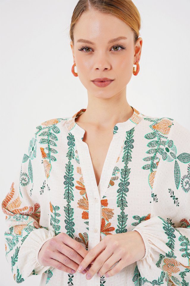 2423 Otantik Desenli Tesettür Elbise - Yeşil 10