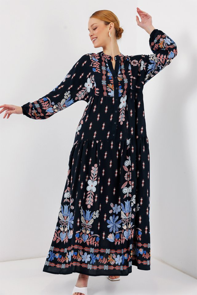 2423 Otantik Desenli Tesettür Elbise - Siyah - Mavi