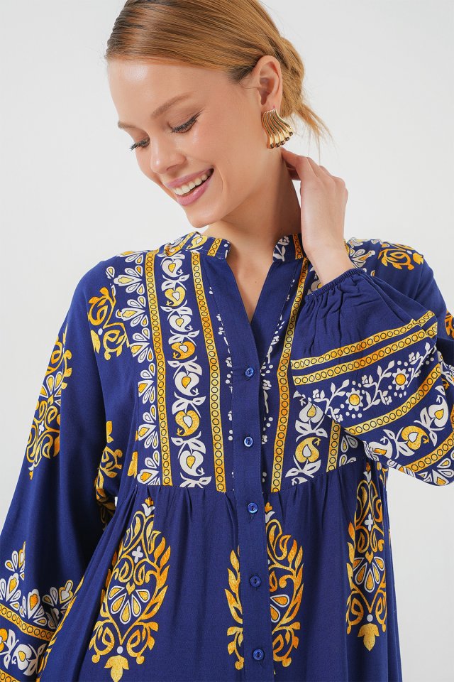 2423 Otantik Desenli Tesettür Elbise - Lacivert 6