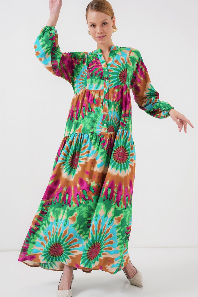 2423 Otantik Desenli Tesettür Elbise - Yeşil 9