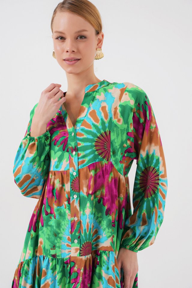 2423 Otantik Desenli Tesettür Elbise - Yeşil 9