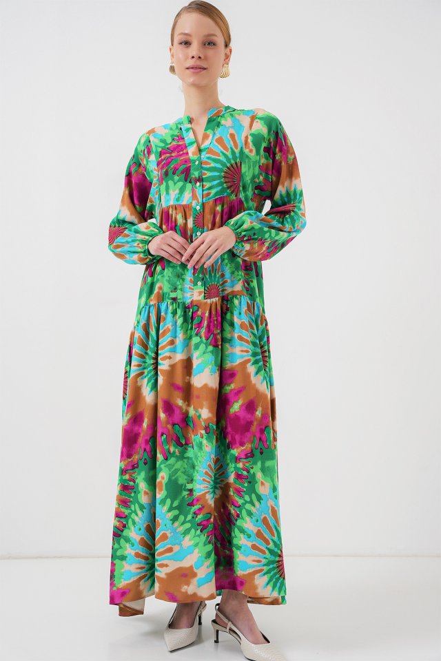 2423 Otantik Desenli Tesettür Elbise - Yeşil 9