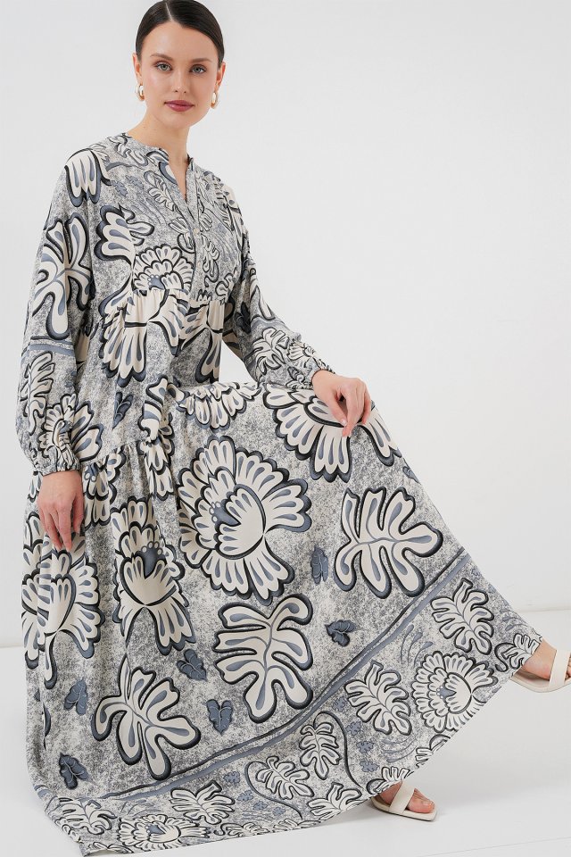 2423 Otantik Desenli Tesettür Elbise - K. Antrasit