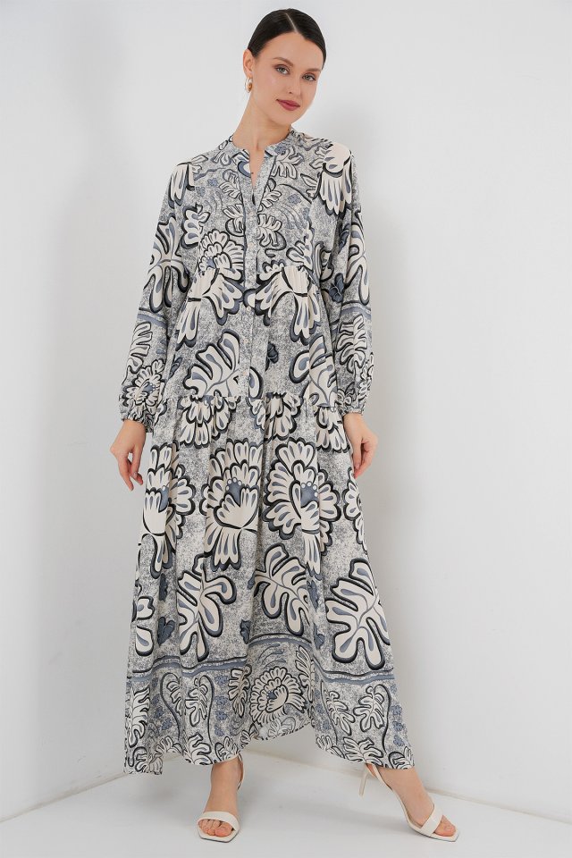 2423 Otantik Desenli Tesettür Elbise - K. Antrasit