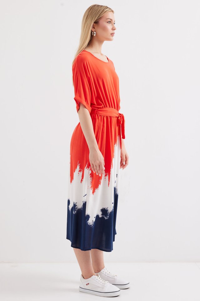 2504 Desenli Kısa Kol Viskon Elbise - Kırmızı