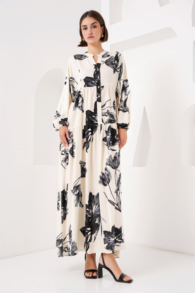 2423 Otantik Desenli Tesettür Elbise - D.Krem