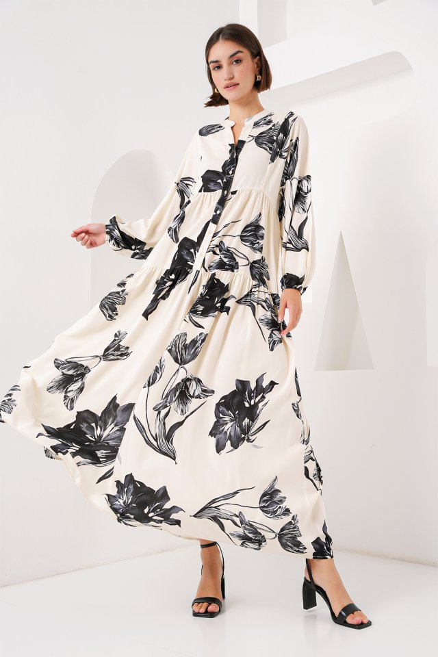 2423 Otantik Desenli Tesettür Elbise - D.Krem