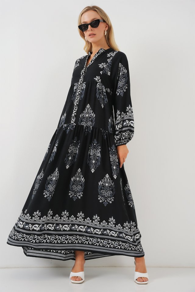 2423 Otantik Desenli Tesettür Elbise - Siyah 11