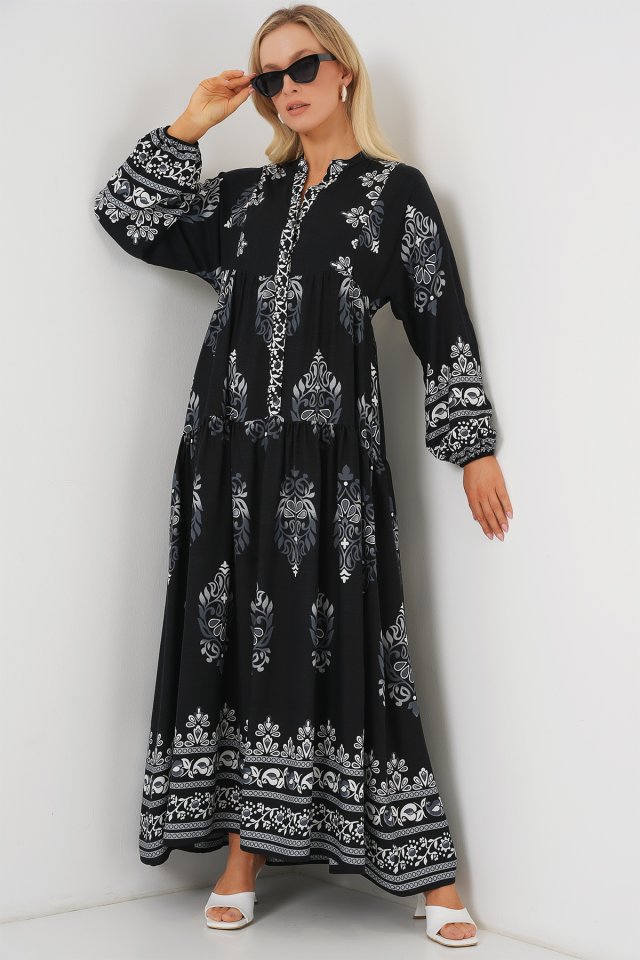 2423 Otantik Desenli Tesettür Elbise - Siyah 11