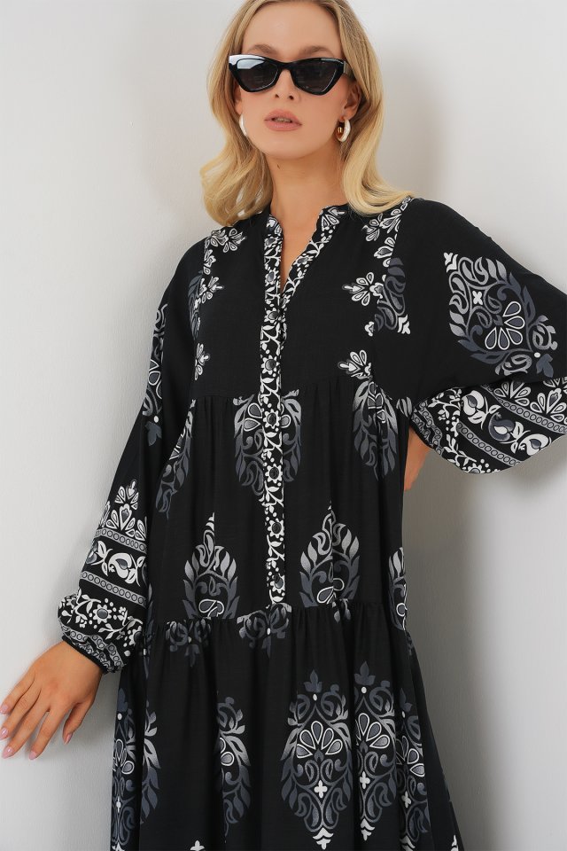 2423 Otantik Desenli Tesettür Elbise - Siyah 11