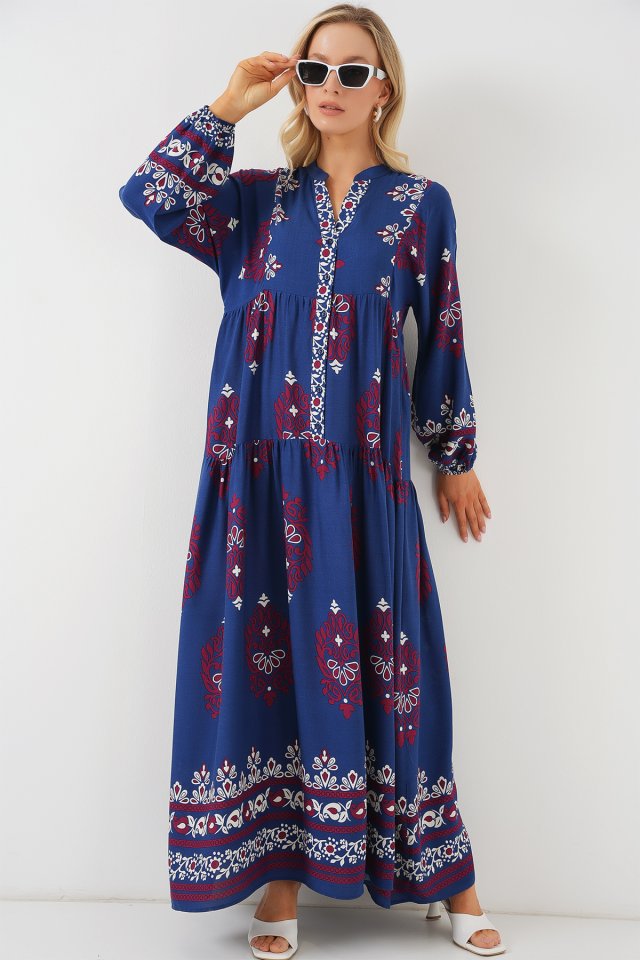 2423 Otantik Desenli Tesettür Elbise - Petrol 1