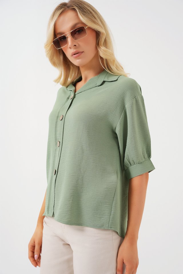 Kısa Kol Oversize Keten Gömlek 20240 - Çağla