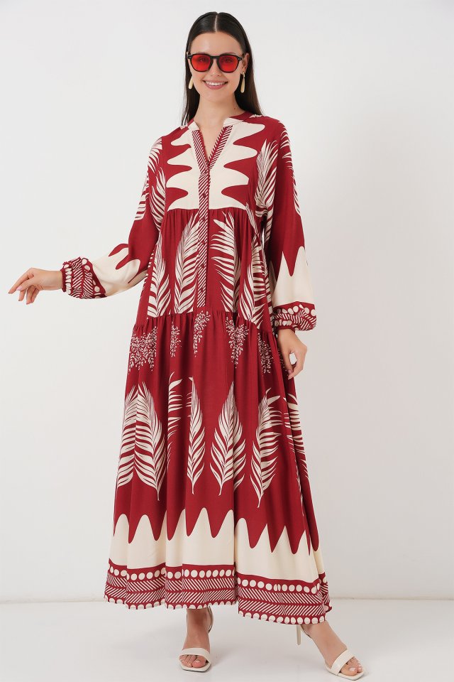 2423 Otantik Desenli Tesettür Elbise - G.Bordo