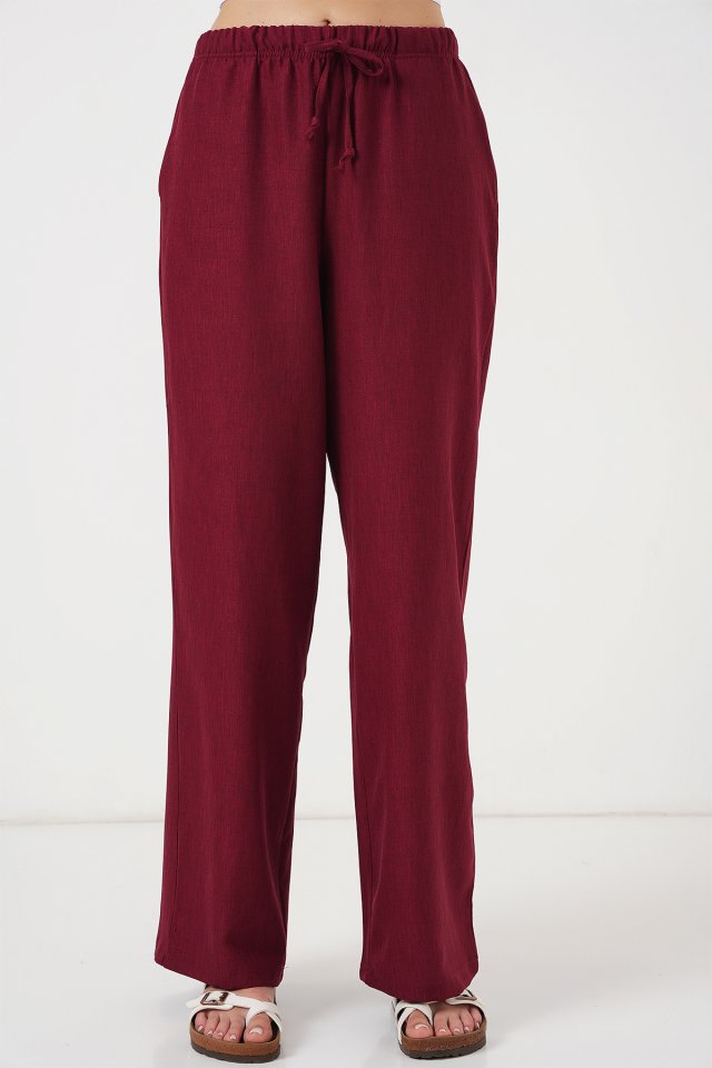 Geniş Paça Keten Pantolon 6735 - Bordo