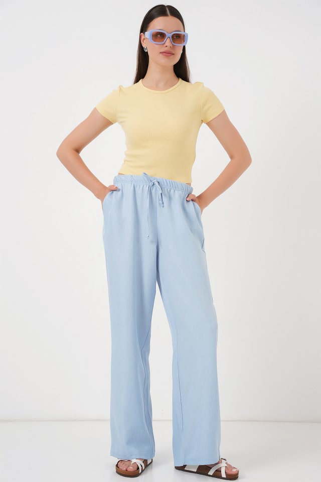 Geniş Paça Keten Pantolon 6735 - Mavi