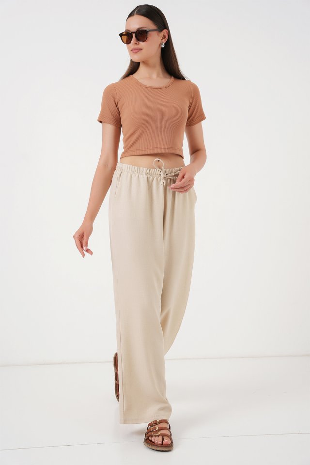 Geniş Paça Keten Pantolon 6735 - Krem