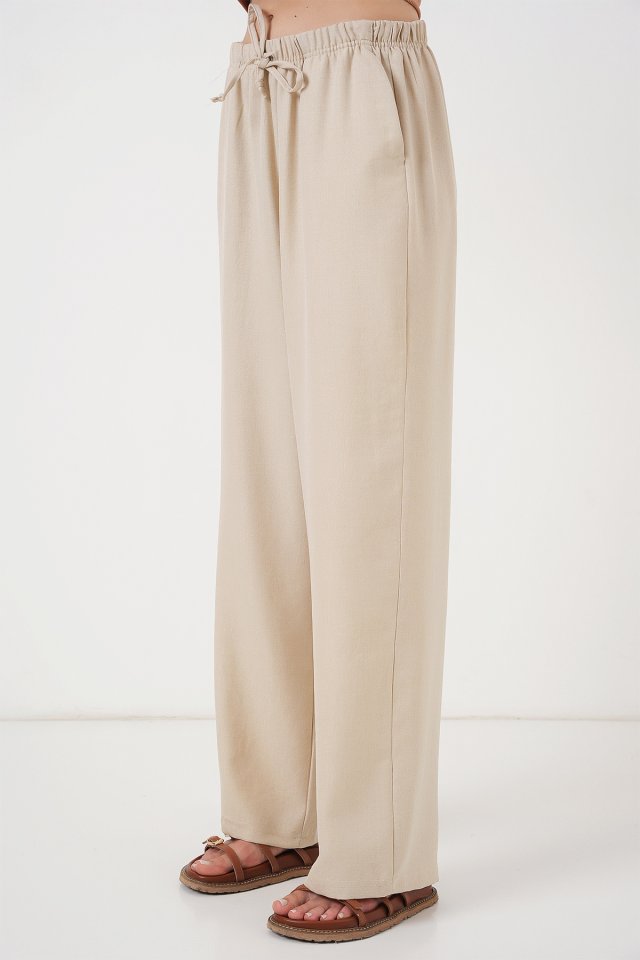Geniş Paça Keten Pantolon 6735 - Krem