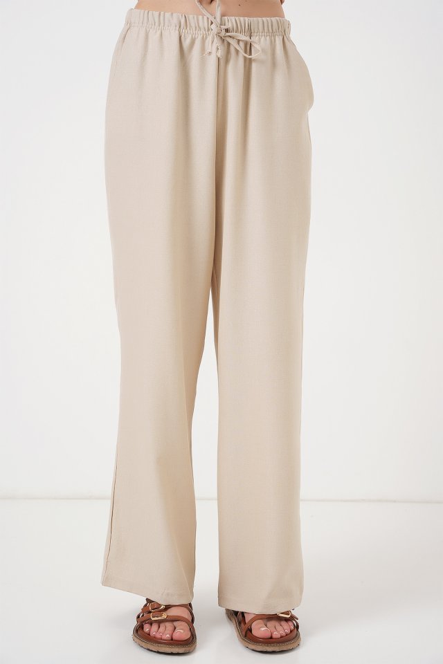 Geniş Paça Keten Pantolon 6735 - Krem