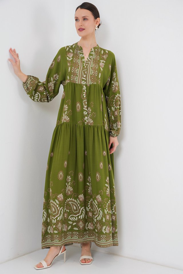 2423 Otantik Desenli Tesettür Elbise - D.Haki