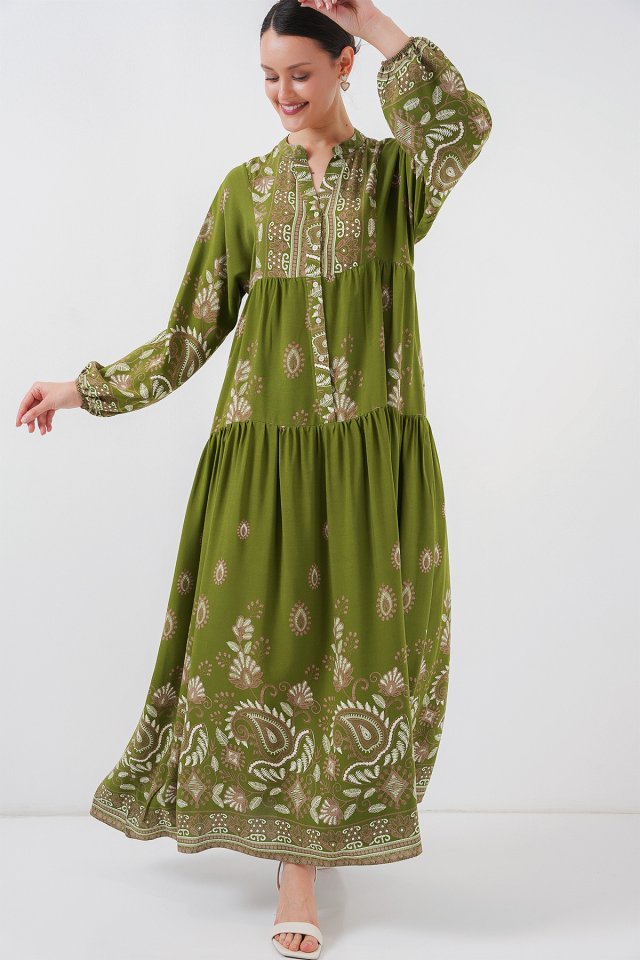 2423 Otantik Desenli Tesettür Elbise - D.Haki