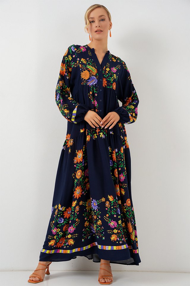 2423 Otantik Desenli Tesettür Elbise - Düz Lacivert