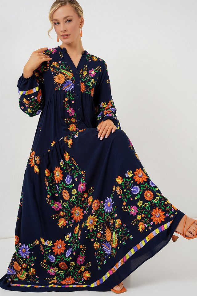 2423 Otantik Desenli Tesettür Elbise - Düz Lacivert