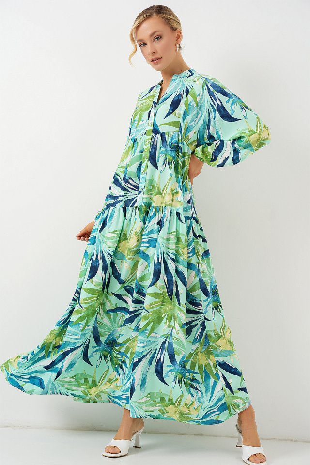 2423 Otantik Desenli Tesettür Elbise - E.Mint