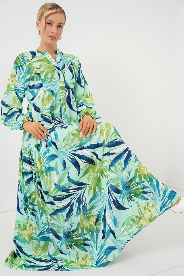 2423 Otantik Desenli Tesettür Elbise - E.Mint