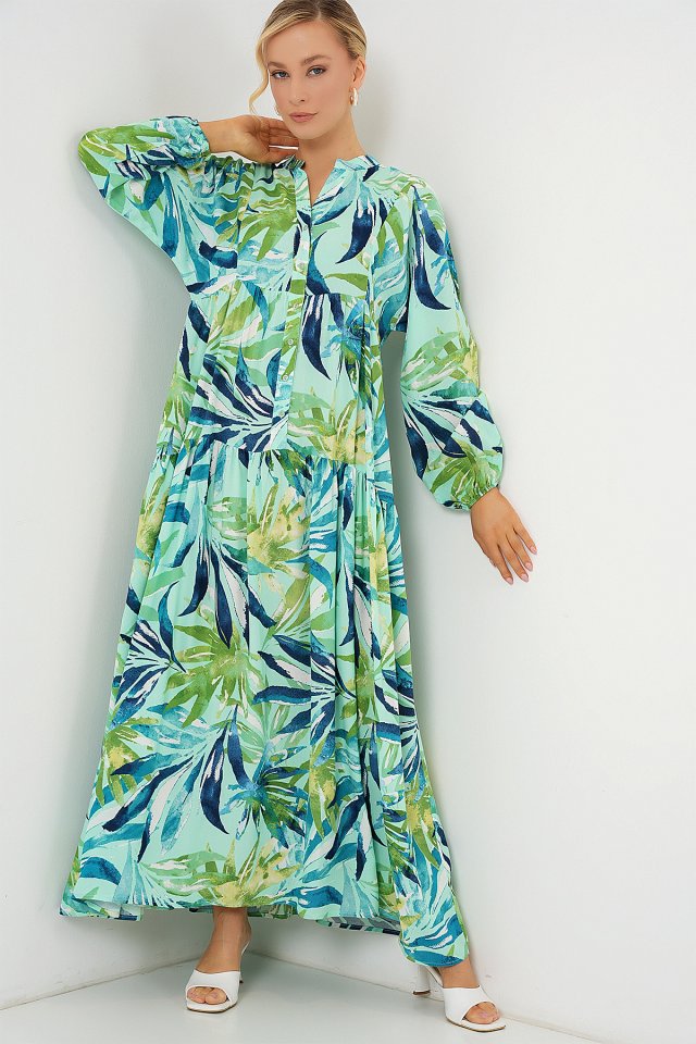 2423 Otantik Desenli Tesettür Elbise - E.Mint