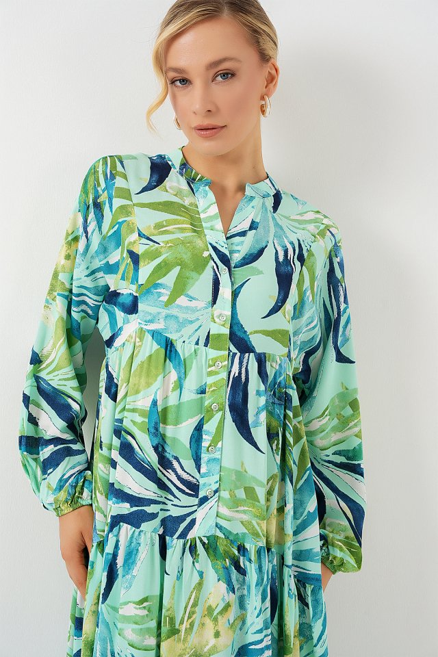 2423 Otantik Desenli Tesettür Elbise - E.Mint