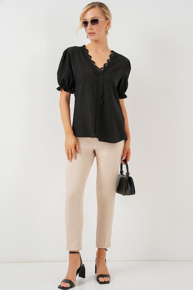 V Yaka Dantelli Bluz 956 - Siyah