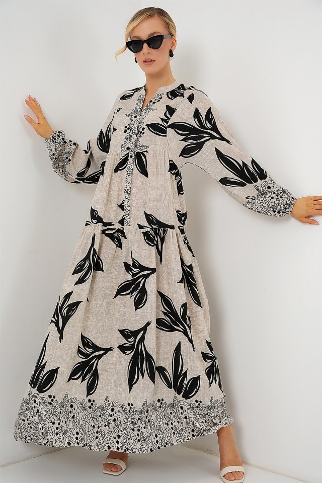 2423 Otantik Desenli Tesettür Elbise - F.Gri