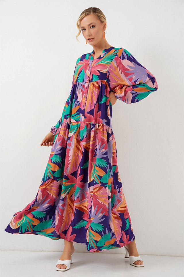 2423 Otantik Desenli Tesettür Elbise - A.Pudra