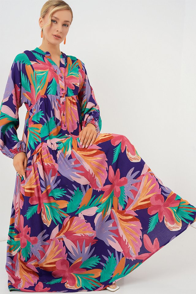 2423 Otantik Desenli Tesettür Elbise - A.Pudra