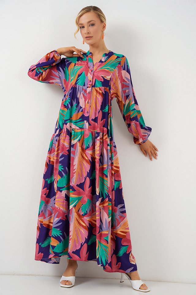 2423 Otantik Desenli Tesettür Elbise - A.Pudra