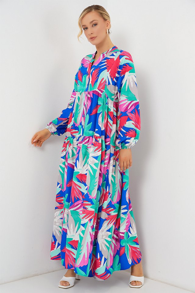 2423 Otantik Desenli Tesettür Elbise - D.Pembe