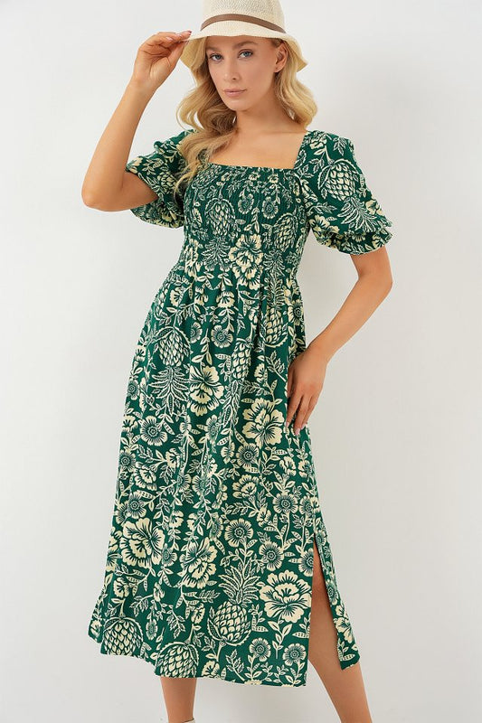 2512 Desenli Yırtmaçlı Elbise - Zümrüt Yeşili